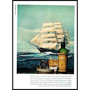 1965 Cutty Sark Scotch Whisky Vintage Print Ad Clipper Ship Sailing Nautical Art